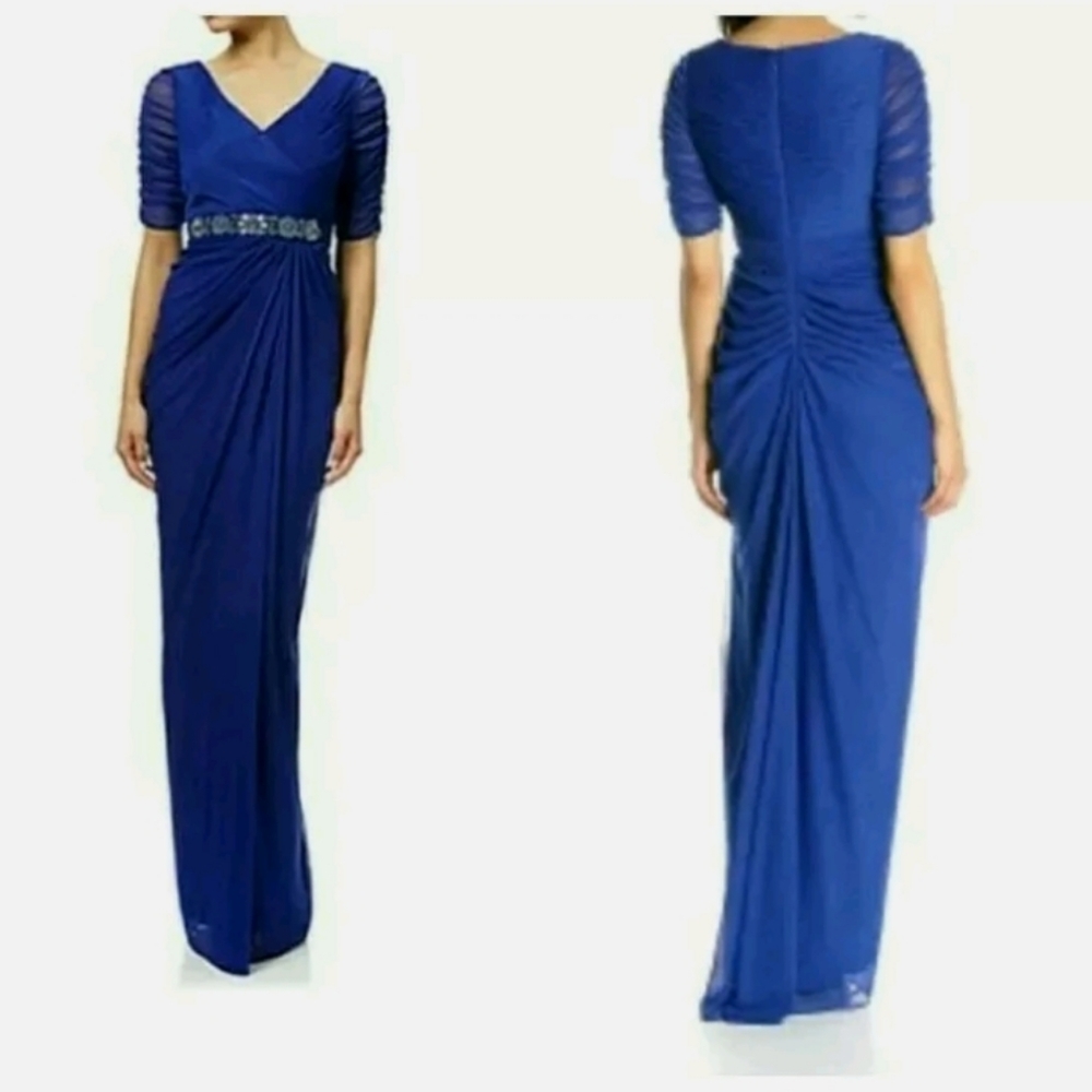 Adrianna Papell Dress Shirred Wrap Tulle Gown Embellished Formal Evening Size 2